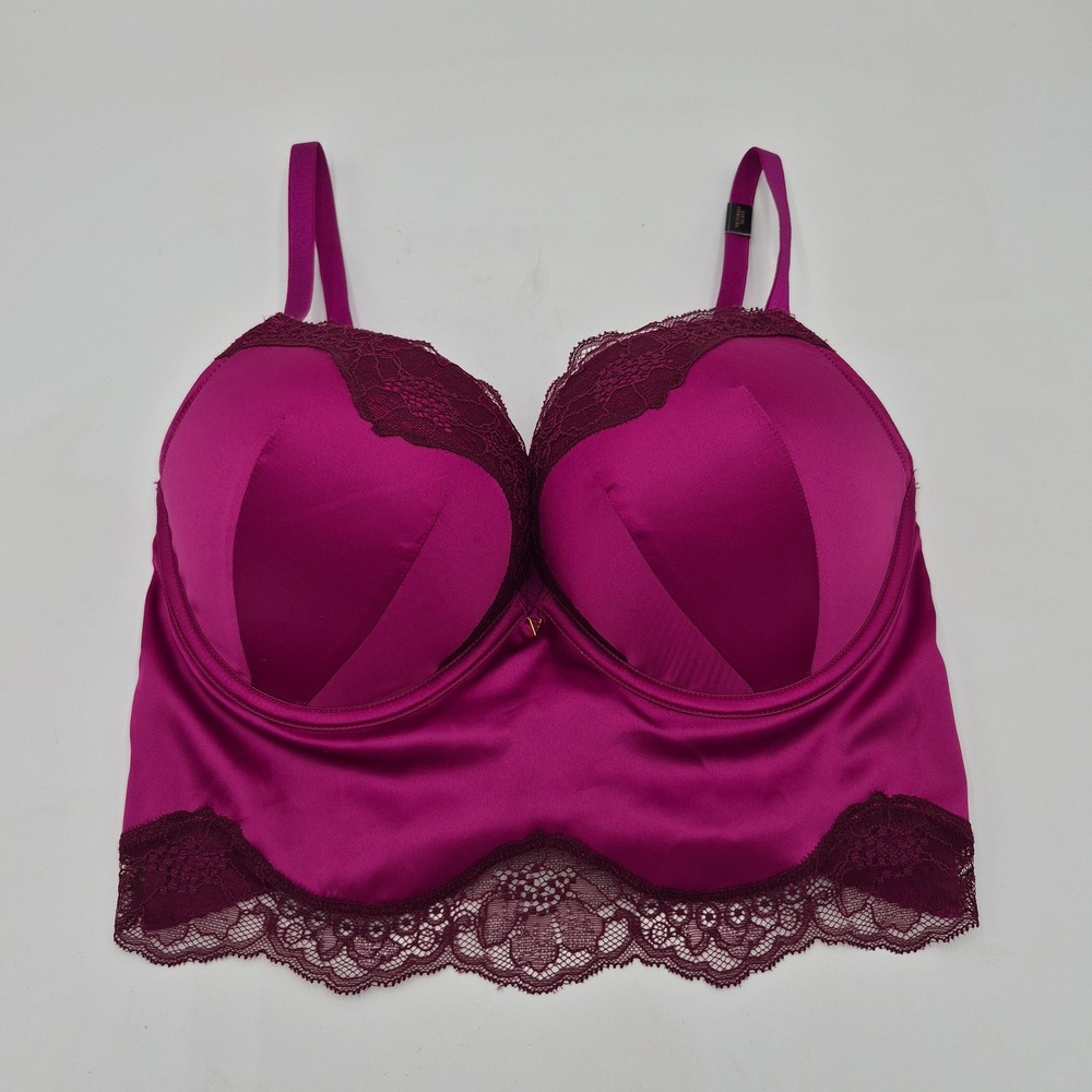 Victorias Secret Bombshell Magenta Pink Satin Lace Longline Plunge Bra 34D